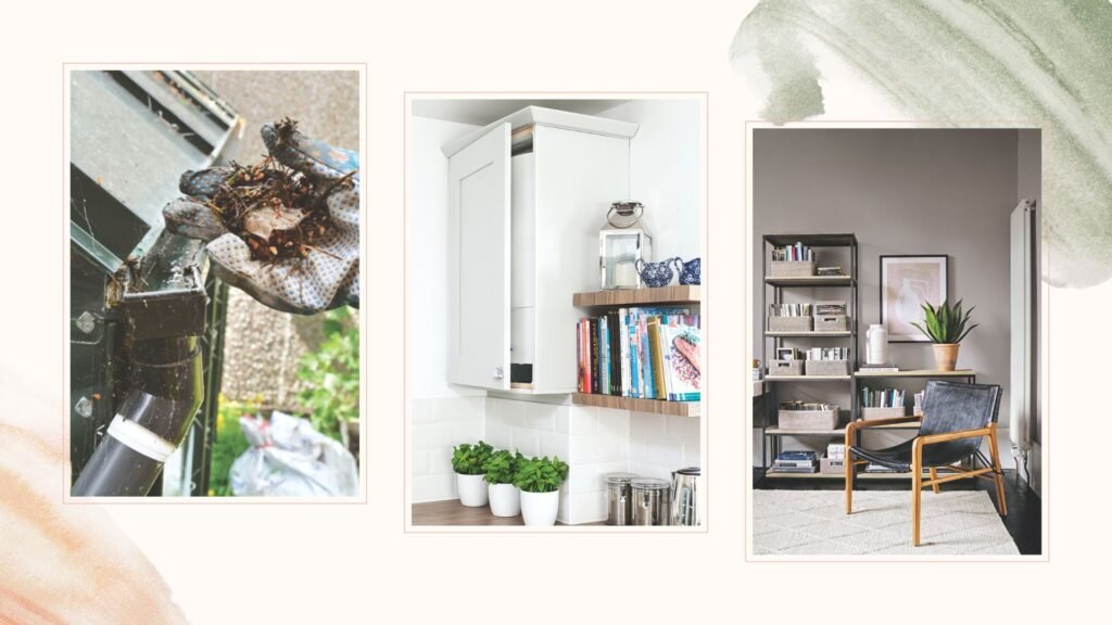 compilation image of home maintenance jobs to do before autumn with gutters being cleaned, a boiler and living room radiator