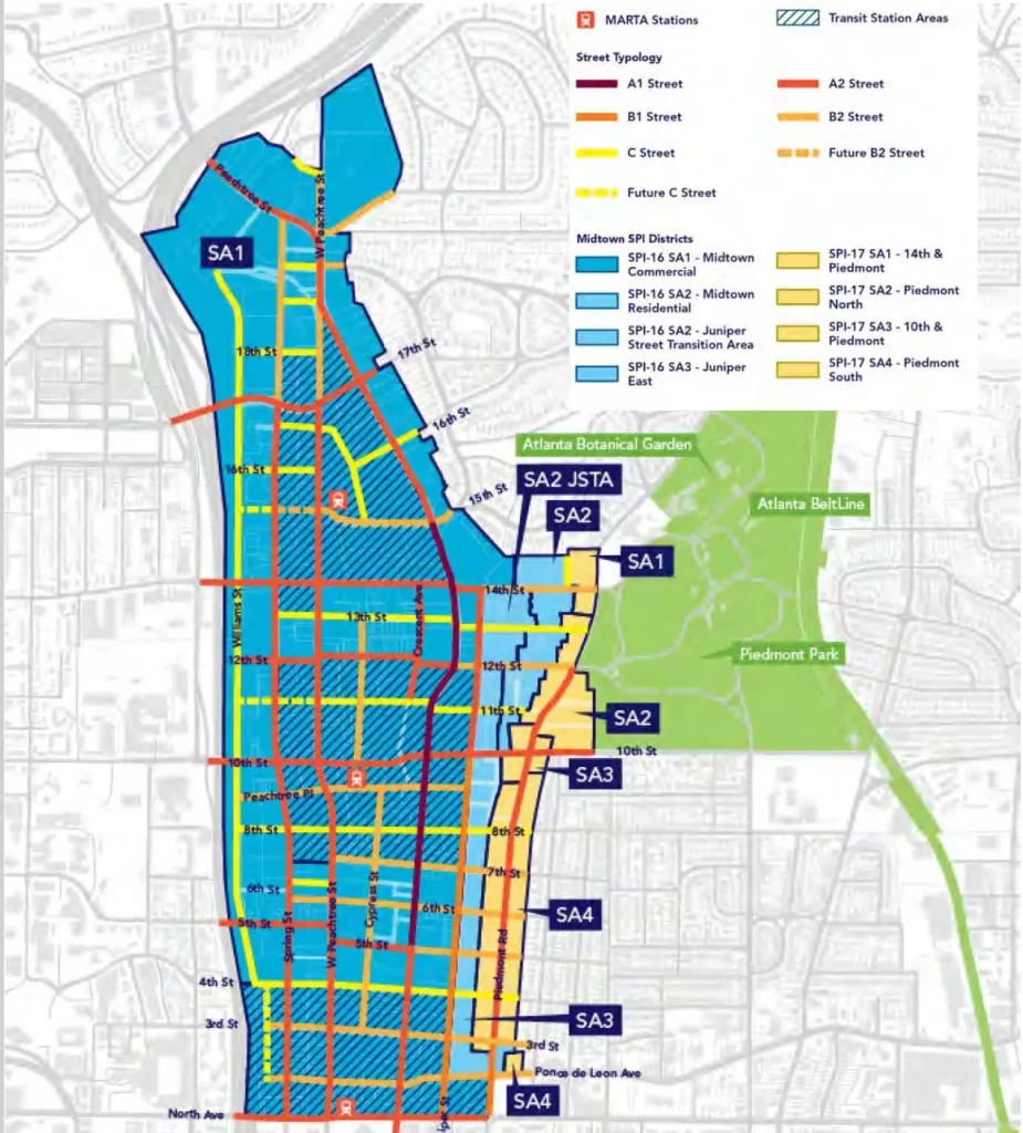 A map shows Midtown's special development districts, just east of the highway.