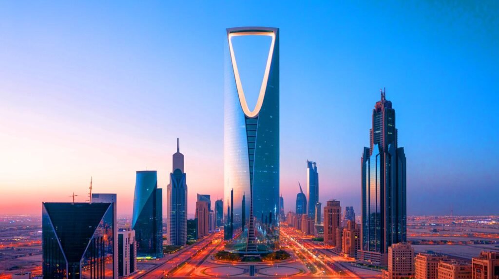 Illustration of Saudi Arabia's ambitious Rise Tower project in a futuristic urban setting.